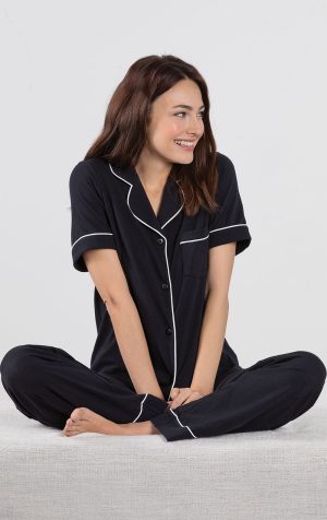 Solid Jersey Short-Sleeve Button-Front Pajamas