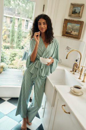 DreamModal Kimono Pajama Set in Boxwood Vertical Stripe