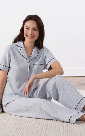 Solid Jersey Short-Sleeve Button-Front Pajamas