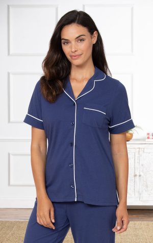 Solid Jersey Short-Sleeve Button-Front Pajamas